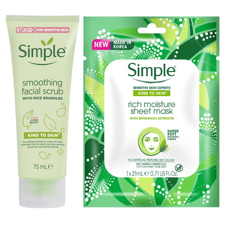 Simple Kind to Skin Smoothing Facial Scrub & Rich Moisture Sheet Mask Bundle