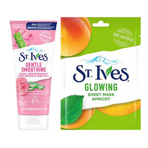 St. Ives Gentle Smoothing Rose Water Scrub & Glowing Sheet Apricot Sheet Mask Bundle