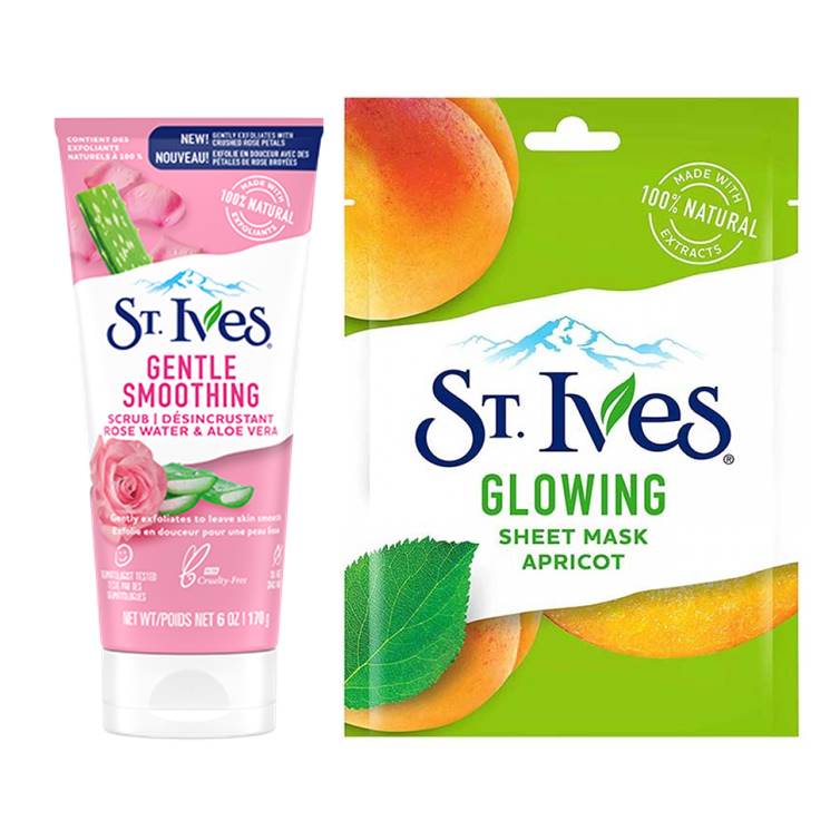 St. Ives Gentle Smoothing Rose Water Scrub & Glowing Sheet Apricot Sheet Mask Bundle