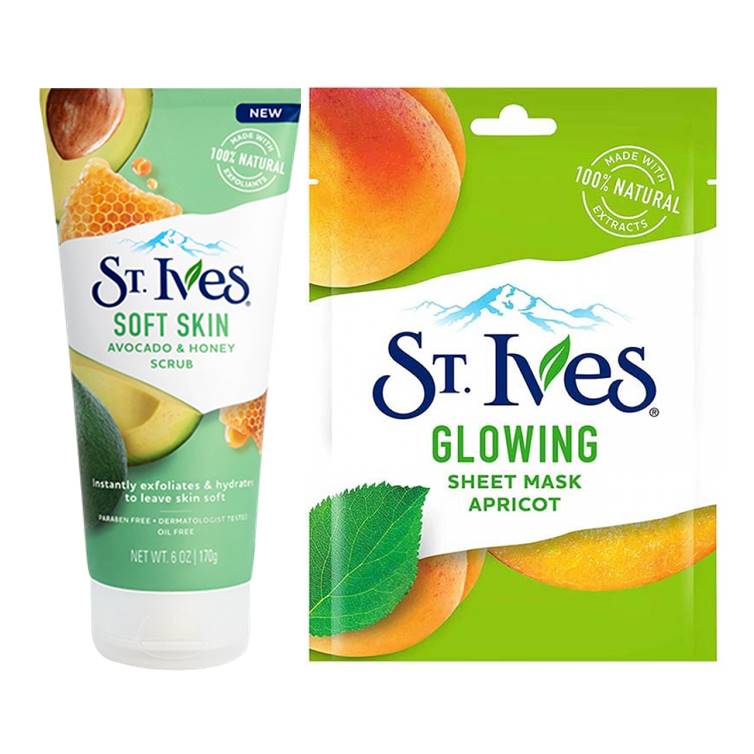 St. Ives Soft Skin Avocado & Honey Face Scrub & Glowing Sheet Apricot Mask Bundle